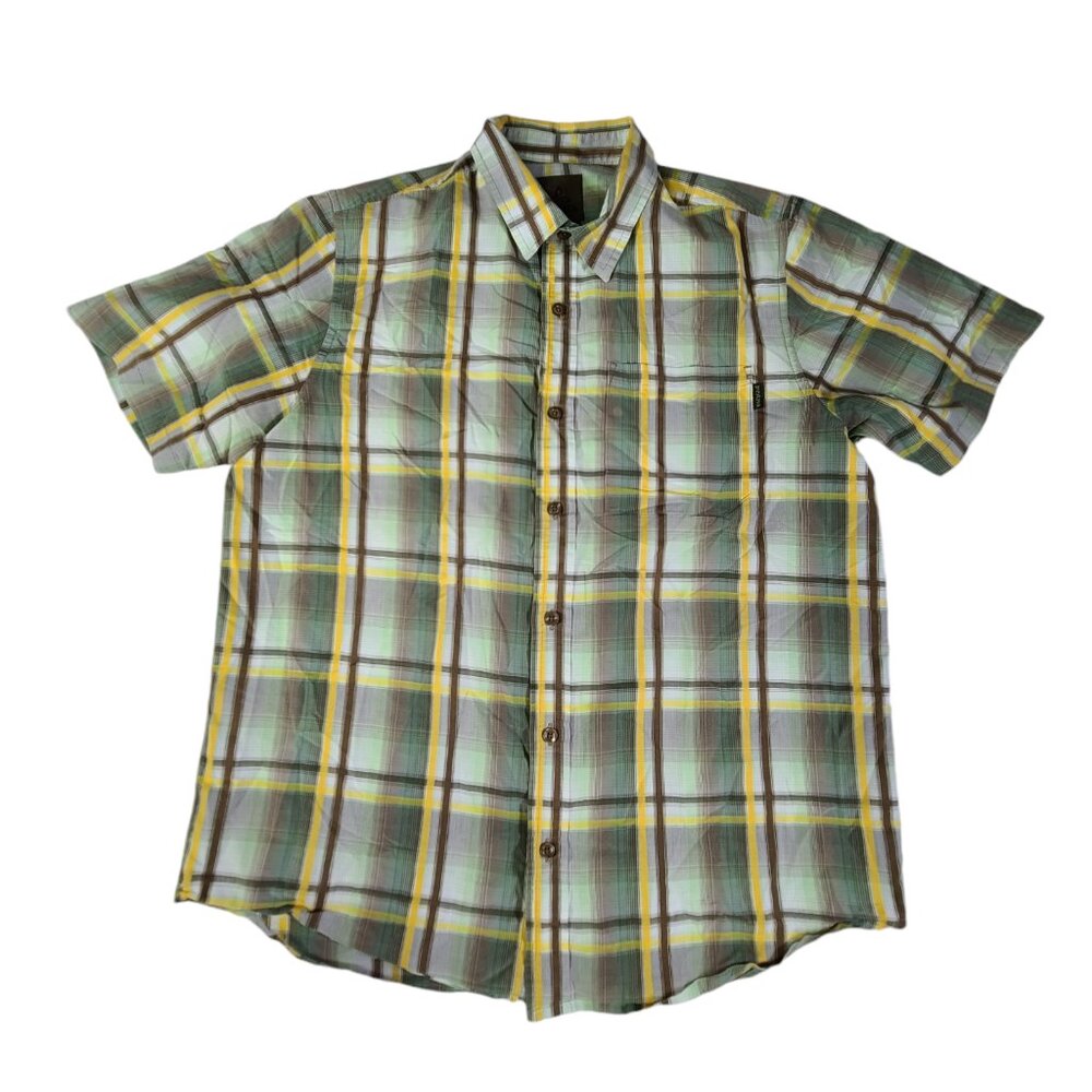 PrAna Button Up Shirt Adult Mens Medium Green Plaid Outdoors Cotton Casual *